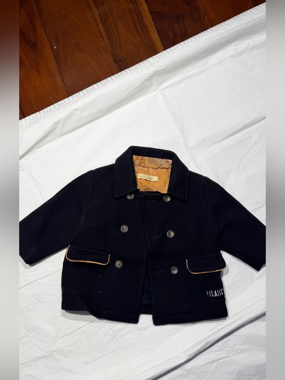 Alviero Martini Black Kids Double-Breasted Peacoat with Tan Piping